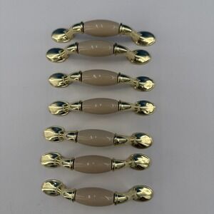 Drawer Pulls Cabinet Handles Set Of 7 Cream Ceramic Gold Brass Metal Ends